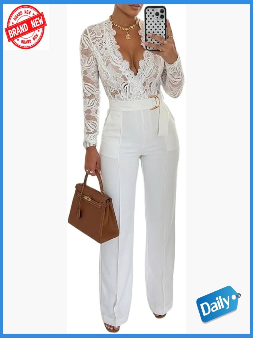 Floral Lace Jumpsuit Deep V-Neck Long Sleeve with Belt Pockets
